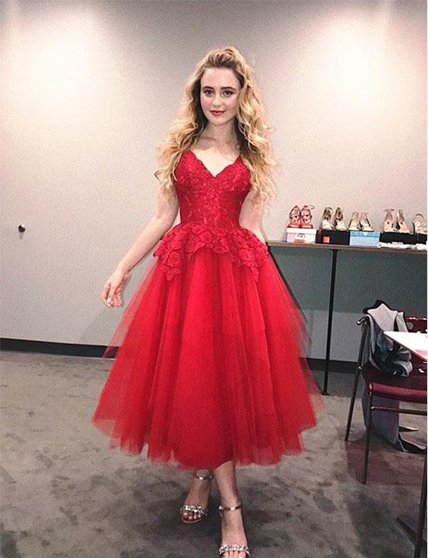 V Neck Red Tulle Tea Length Homecoming Dresses cg528