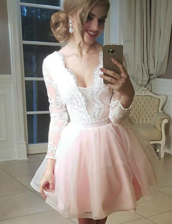 A-Line V-Neck Long Sleeves Pink Tulle Homecoming Cocktail Dress With Appliques  cg536