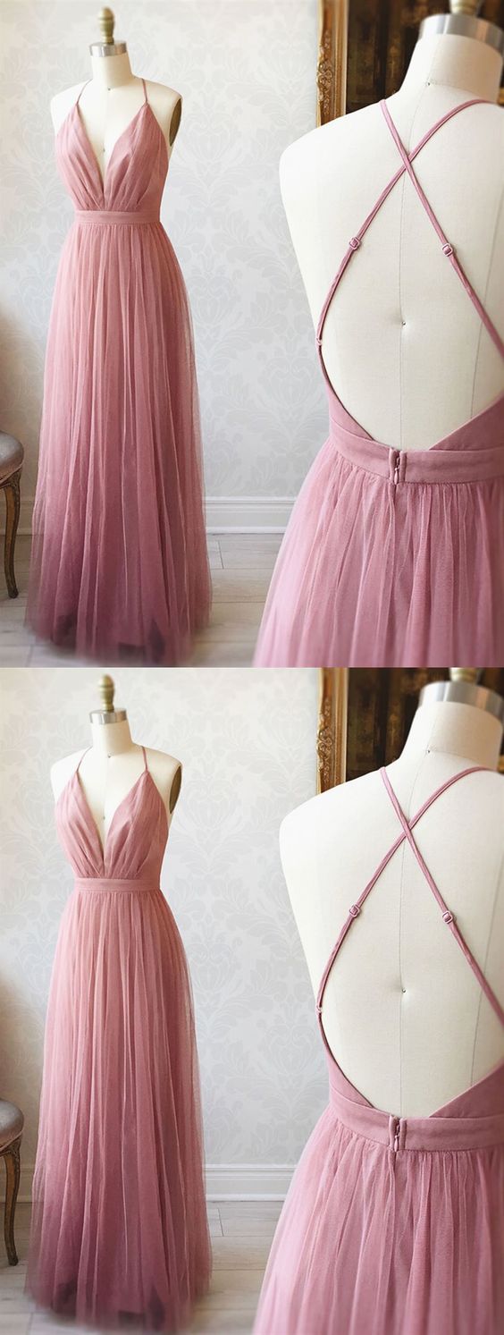 A Line V Neck Pink Backless Prom Dresses, V Neck Pink Backless Formal Evening Bridesmaid Dresses cg5384