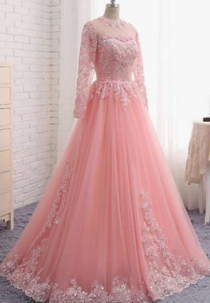 Charming Long Sleeve Appliques Pink Tulle Prom Dresses, Elegant Evening Formal Dress  cg5407