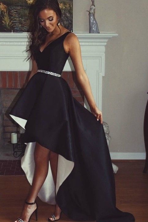 Black Satin V-neck Hi-lo Prom Dresses with Beaded Belt Sash cg5421