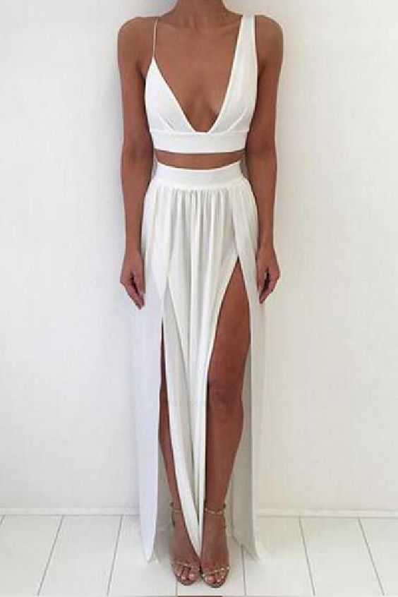 Cheap Fashion 2 Pieces V Neck Front Split White Cheap Prom Dresses Evening Dress Party Gowns cg5443