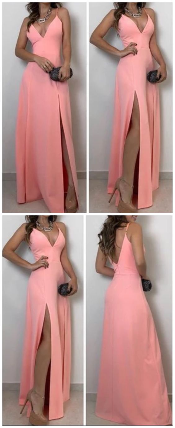 A-lien v neck pink long prom dress , open back prom dress cg5449