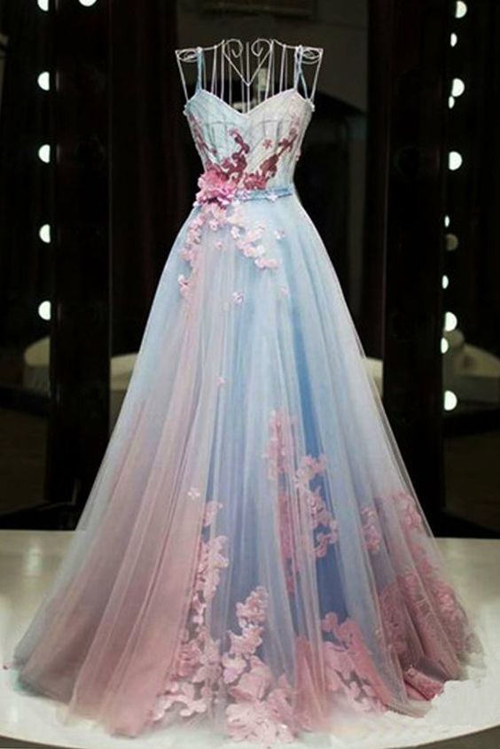 Unique pink and blue tulle long strapless senior prom dress, evening dress cg5455