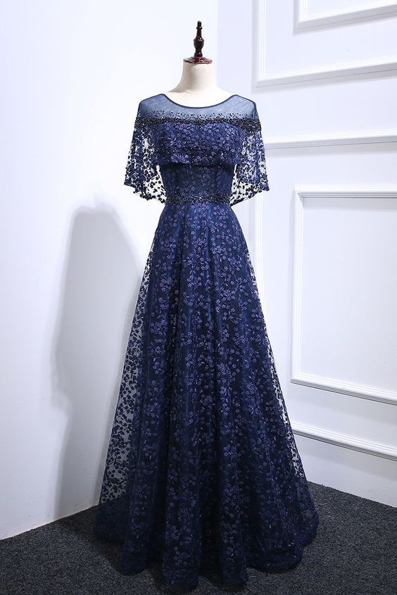Navy Blue Floral Lace Long Beaded Prom Dress, Long Lace Up Evening Dress cg5460