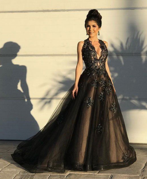 Black v neck tulle lace long prom dress, black evening dress  cg5506