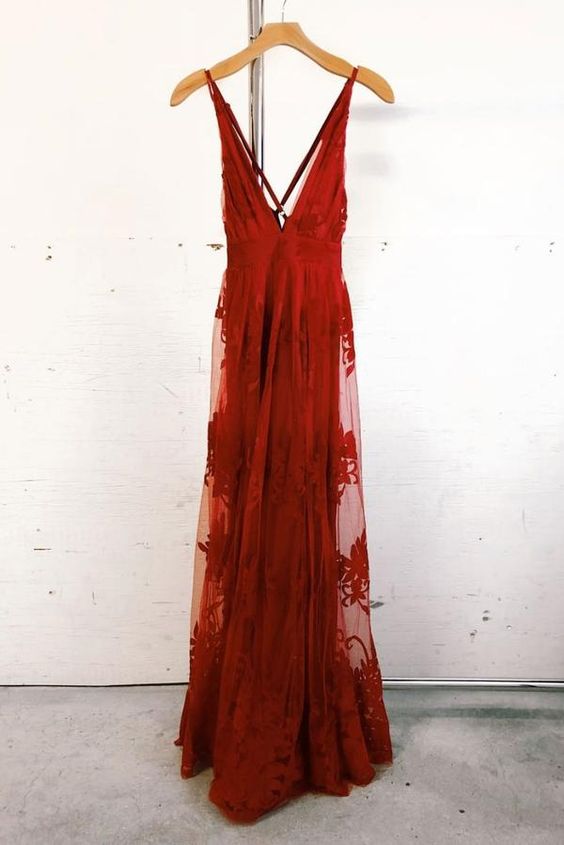 Burgundy lace tulle long prom dress, burgundy evening dress cg5514