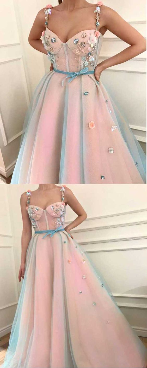 Stunning Applique A-Line Spaghetti Straps Tulle Sweetheart Prom Dresses With Belt cg5544