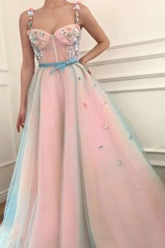 Stunning Applique A-Line Spaghetti Straps Tulle Sweetheart Prom Dresses With Belt cg5544