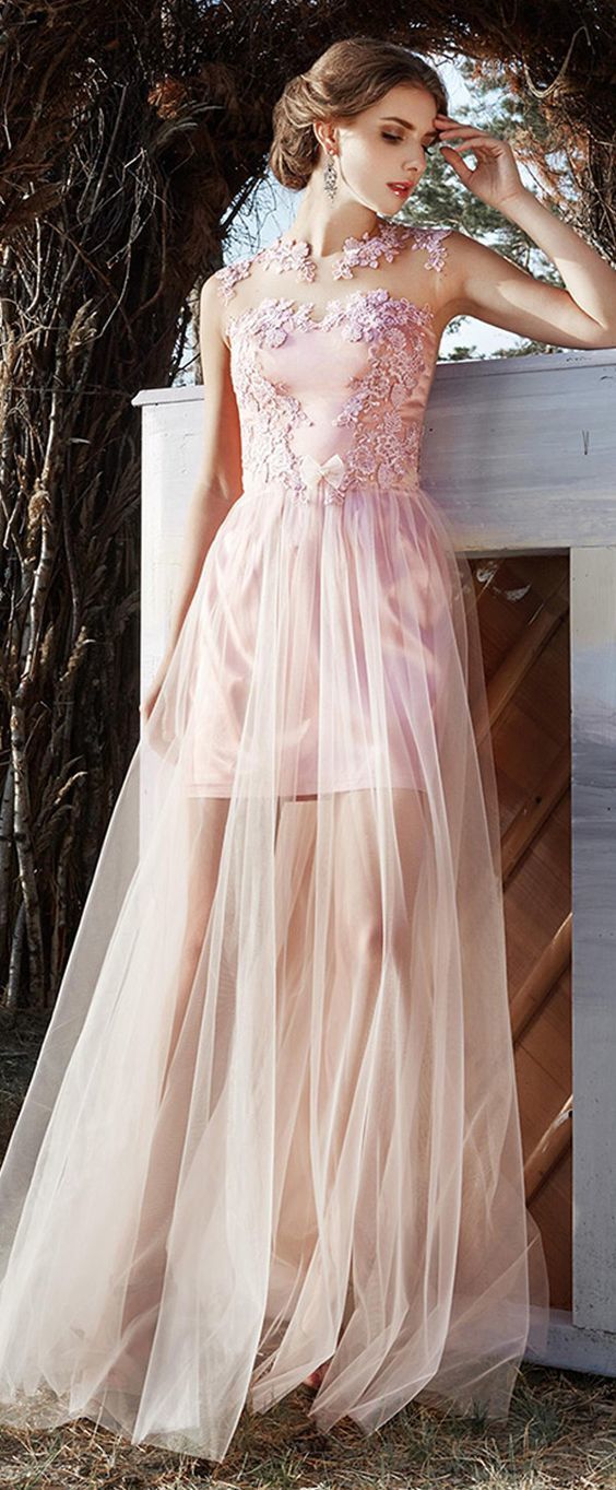 Marvelous Tulle Prom Dress,Satin Jewel Neckline A-Line Evening Dresses,Applique Lace Evening Party Dress ,Sexy Formal Evening Dress  cg5549