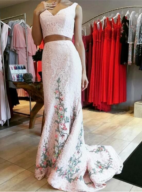 A-Line V-Neck Two Straps Two Pieces Sleeveless Long Prom Dresses  cg5562