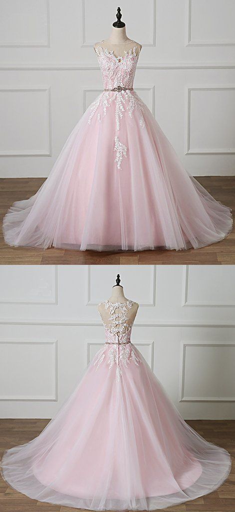 Light Pink Scoop Neck Lace Applique Formal Prom Dress, Beaded Wedding Dress  cg5574