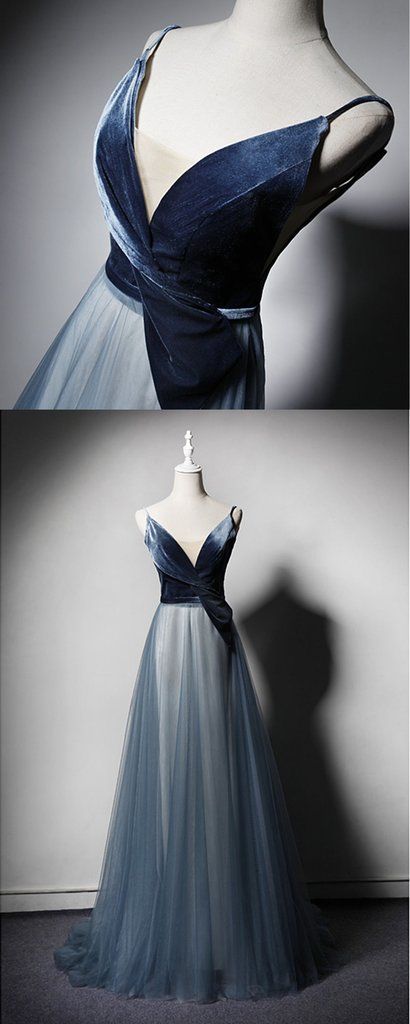 New Design Blue Tulle Velvet Long V Neck Senior Prom Dress  cg5584