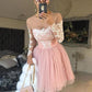 A-Line Jewel Long Sleeves Pink Tulle Homecoming Cocktail Dress With Appliques cg559