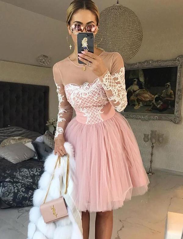 A-Line Jewel Long Sleeves Pink Tulle Homecoming Cocktail Dress With Appliques cg559