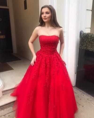 Strapless Tulle Red A Line Prom Dress, Elegant Appliques Dress   cg5616