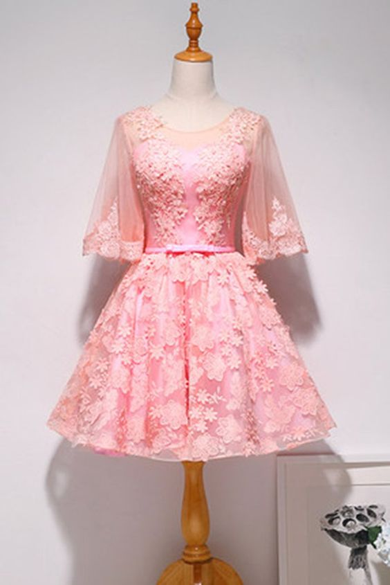 Pink Lace Round Neck Short homecoming Dress, Party Dress With Mid Sleeve  cg5682