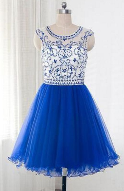 Royal Blue Tulle Sleeveless Homecoming Dresses With Beading  cg5686