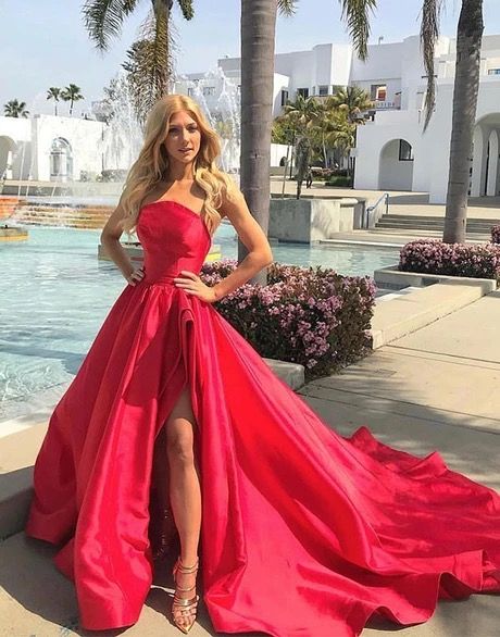 Unique Red Satin Strapless Long Prom Dress, Evening Dress  cg5694