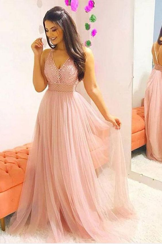 Pink v neck tulle beaded long prom dress, pink evening dress   cg5701