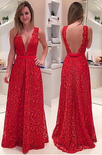 A-Line Deep V-Neck Illusion Back Long Red Lace Prom Dress with Sash  cg5710