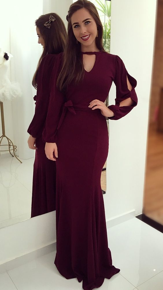 Burgundy evening dress , Elegant Long Sleeves Prom Dress , prom dress  cg5719