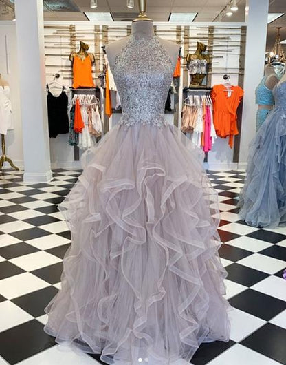 Unique high neck tulle lace long prom dress tulle formal dress  cg5741