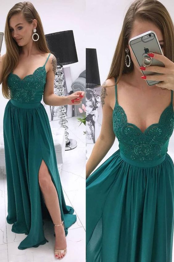 Green sweetheart lace chiffon long prom dress green evening dress  cg5742