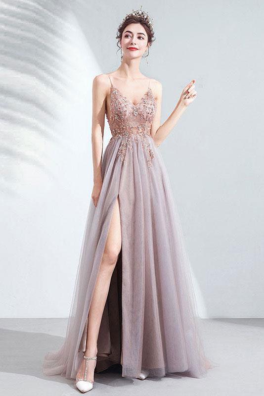 Elegant v neck tulle beads long prom dress tulle formal dress  cg5756