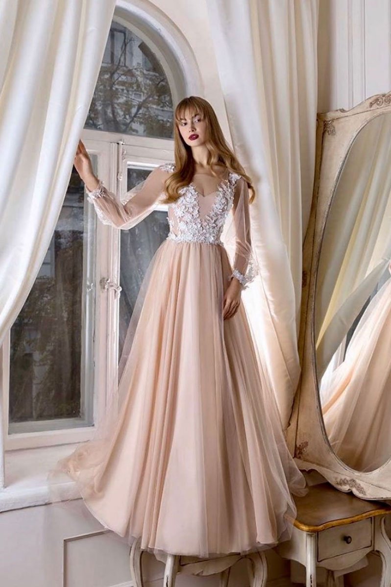 Champagne v neck tulle lace long prom dress tulle evening dress  cg5758