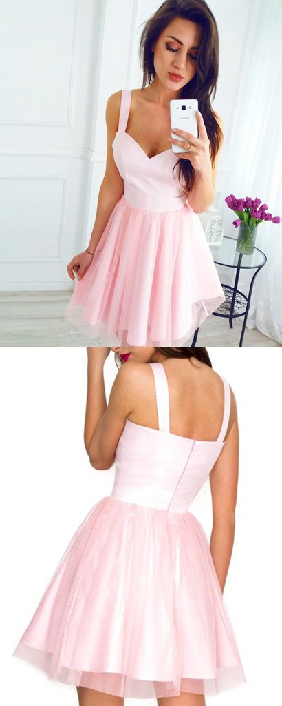 A-Line Two Straps Sweetheart Pink Tulle Cheap Homecoming Dresses cg577