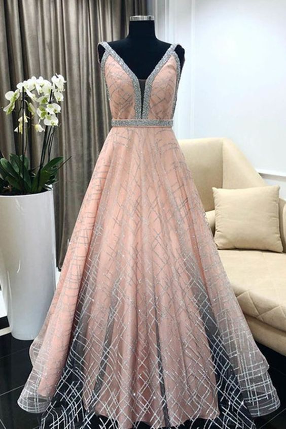 Pink tulle v neck a line long sequins evening dress, prom dress   cg5775