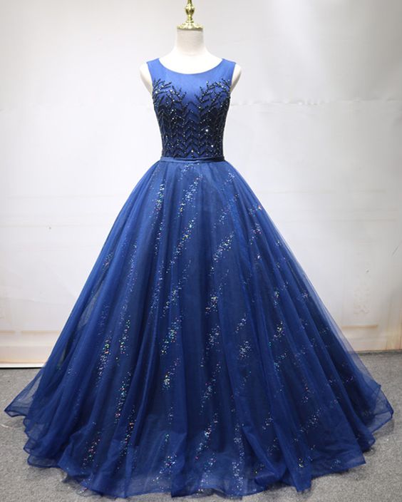 Deep Blue Tulle Beaded A Line Long Sequined Evening Dress, Senior Prom Dress  cg5778