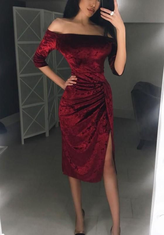 Wine Red Side Slit Elbow Sleeve Fashion Prom Dress  cg5795