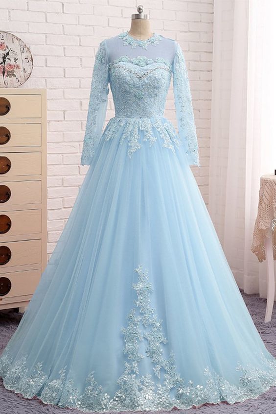 Blue Lace Tulle Long Sleeve Beaded Formal Prom dress cg5813
