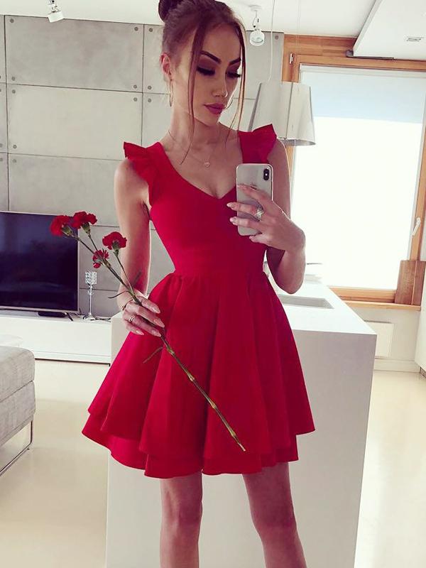 Simple A-Line V-Neck Sleeveless Red Homecoming Dresses With Ruffles cg582