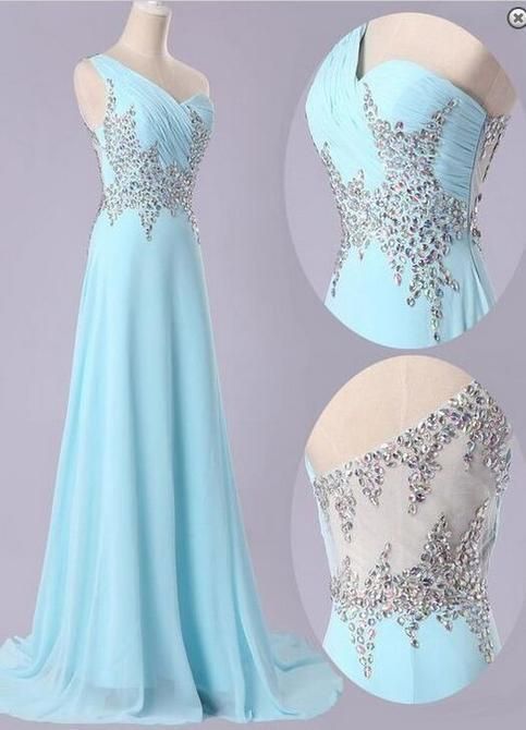 Illusion Back Light Sky Blue Long Chiffon Prom Dresses,Simple Hot-selling A-line Beading One-shoulder prom dress   cg5847