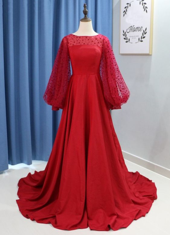 Burgundy Satin Long Sleeve Open Back A Line Evening Dress, Formal prom Dress  cg5870