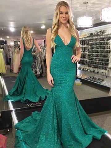 Sequin Mermaid V Neck Backless Green Prom Dress  cg5873