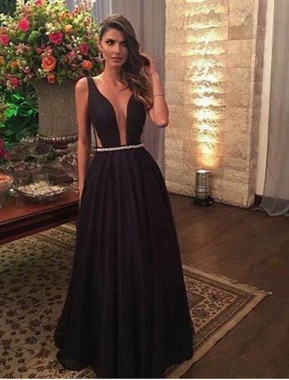 Black Satin Prom Dresses A-line Long Sleeveless Deep V Neck Evening Dresses   cg5881