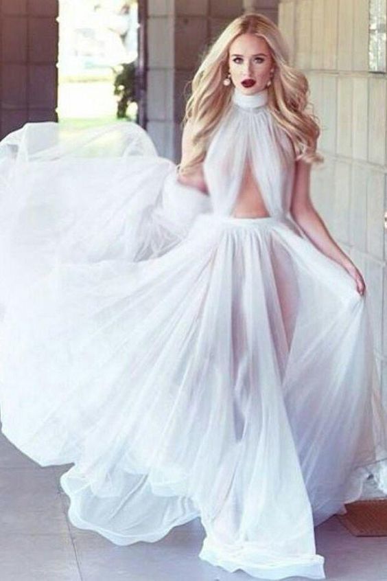 A-line Cheap Long Sexy Simple Ivory High Neck Sleeveless Tulle Prom Dresses   cg5959