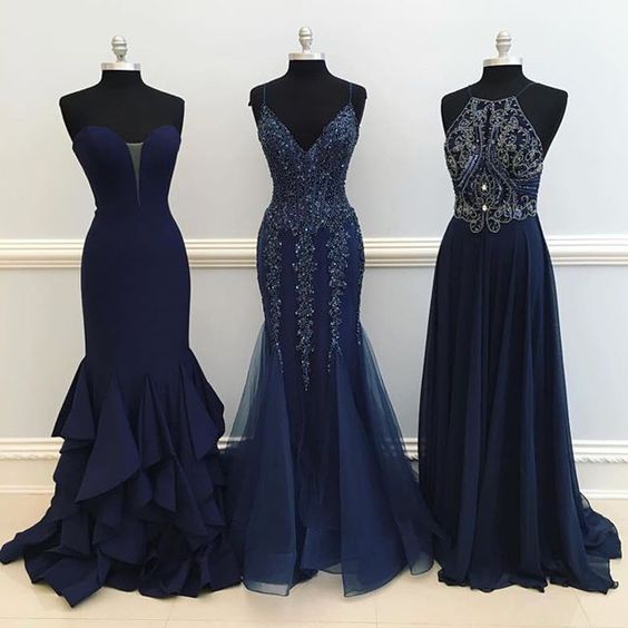 navy blue Beaded Long Prom Dress   cg5991