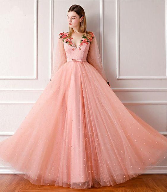 Pink Tulle Beaded Long V Neck Pearl prom Evening Dress With Sleeves  cg5994