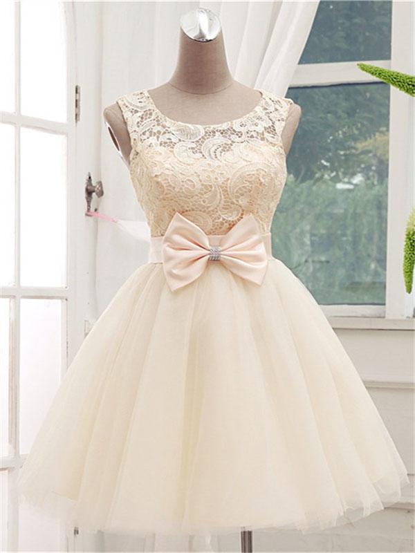 Beautiful Short Lace Scoop Neckline Homecoming Dresses,Off White Homecoming Dresses With Sleeveless  cg600