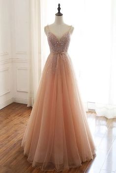 Champagne tulle lace long prom dress, champagne evening dress  cg6036