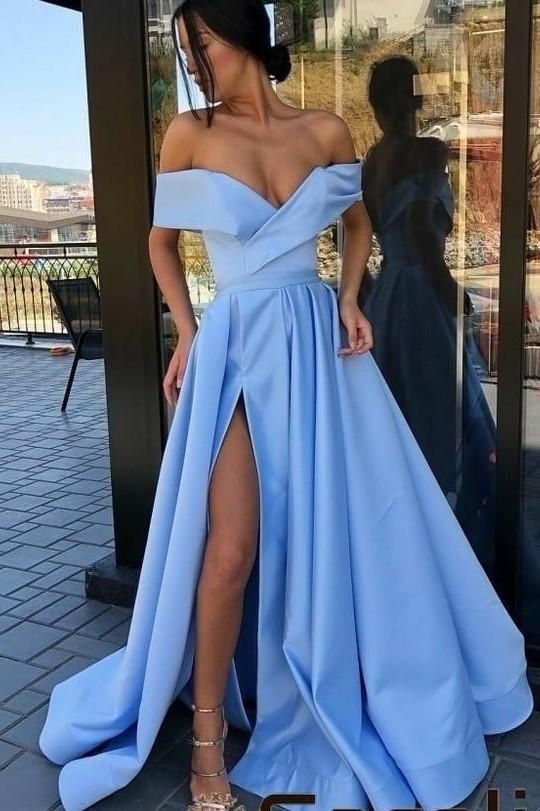 Blue Satin Long Prom Party Dresses with Off-the-shoulder  cg6063