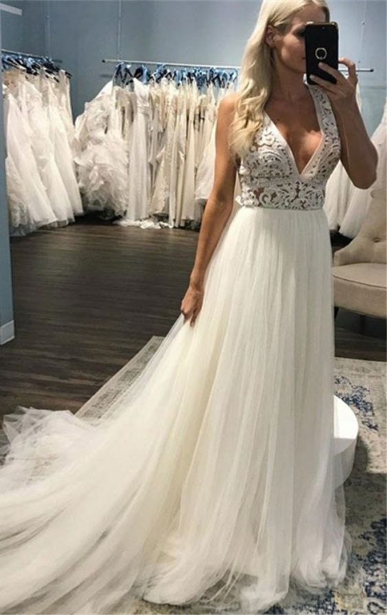 A-Line Deep V-Neck Sweep Train Beach Wedding prom Dress with Lace  cg6070
