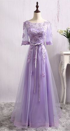 Sheer Lace Appliqués A-line Floor-Length Prom Dress, Evening Dress With Sleeves  cg6078