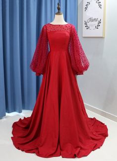 Burgundy Satin Long Sleeve Open Back A Line Evening Dress, Formal prom Dress  cg6115