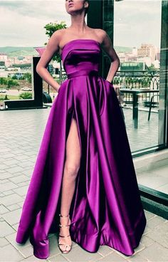 Long Purple Satin Strapless Prom Dresses  cg6127